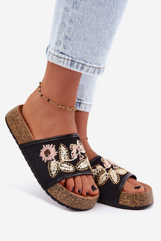 Chaussons de plateforme noirs pour femmes avec décoration Ledina