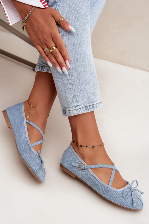 Denim Ballerinas mit Bändern Kokardką