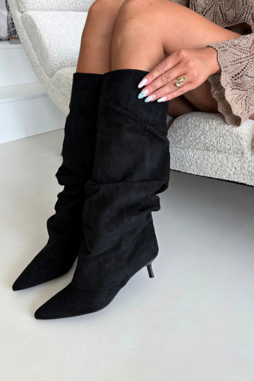 Bottes hautes froissées noires avec talon kitten en daim LoĮen 2