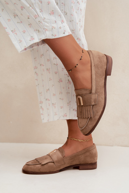 Zandkleurige dames mocassins met franjes en gouden details Brenis