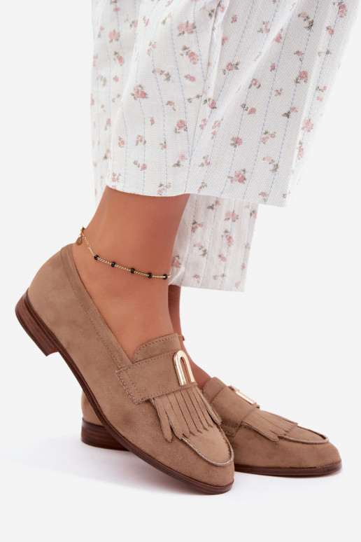 Zandkleurige dames mocassins met franjes en gouden details Brenis