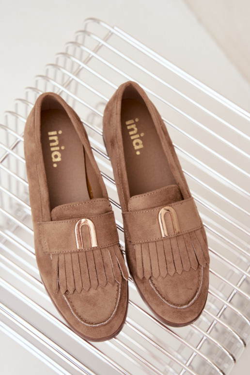 Zandkleurige dames mocassins met franjes en gouden details Brenis