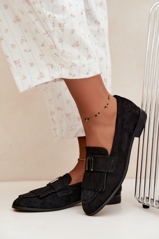 Zwarte dames mocassins met franjes en gouden details Brenis