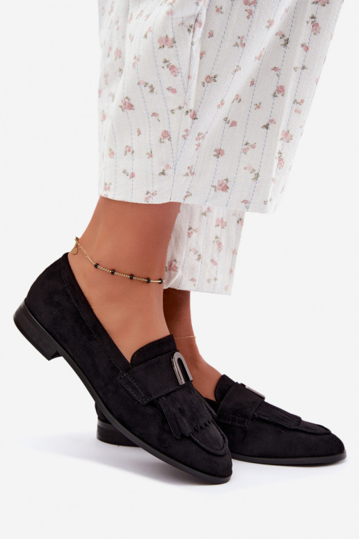 Zwarte dames mocassins met franjes en gouden details Brenis