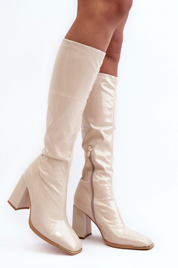 Bottes hautes couleur sable avec talons et effet verni Mlokva 2