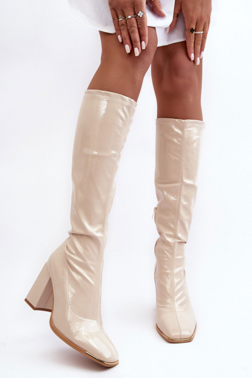 Bottes hautes couleur sable avec talons et effet verni Mlokva