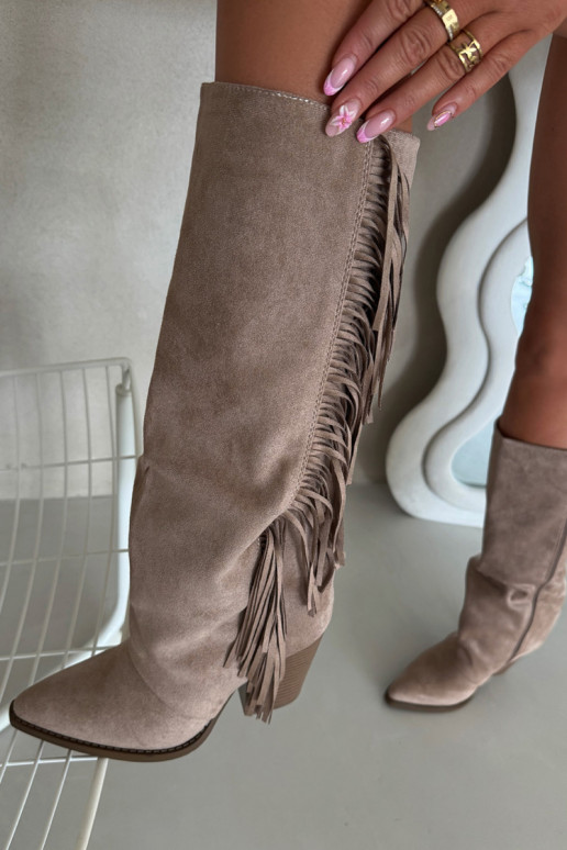 Sandfarbene kniehohe Stiefel im Cowboy-Stil mit Absatz und Fransen Tivara