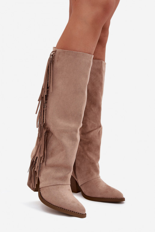 Bottes hautes couleur sable de style cowboy avec talons et franges Tivara