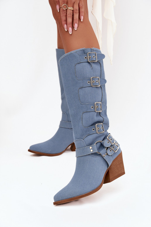 Bottes hautes en denim de style cowboy avec talons et boucles Fivelle