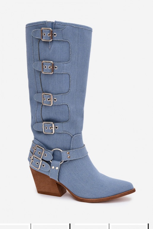 Denim cowboy-stijl laarzen tot boven de knie met hakken en gespen Fivelle