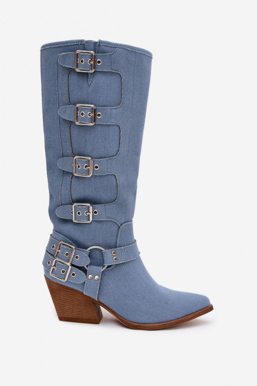 Jeans kniehohe Stiefel im Cowboy-Stil mit Absatz und Schnallen Fivelle
