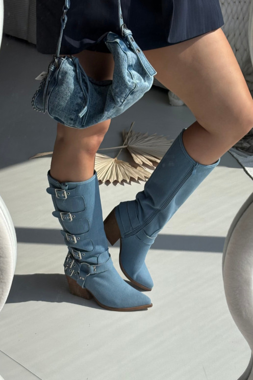 Jeans kniehohe Stiefel im Cowboy-Stil mit Absatz und Schnallen Fivelle