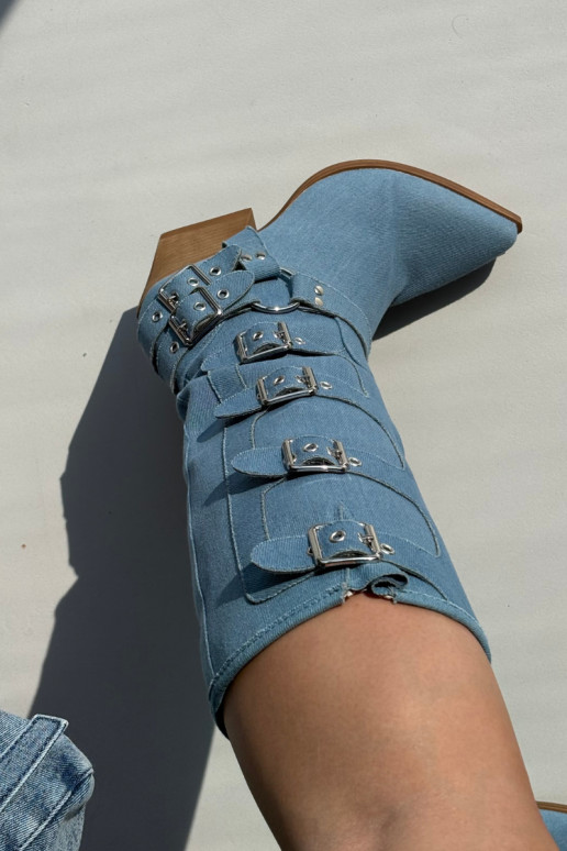Bottes hautes en denim de style cowboy avec talons et boucles Fivelle