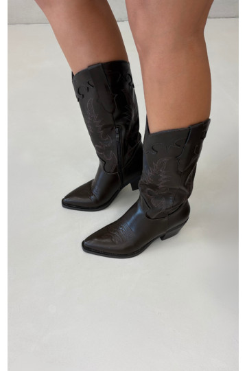 Kniehoge cowboylaarzen met hakken in chocolade faux leather Jarissa 2