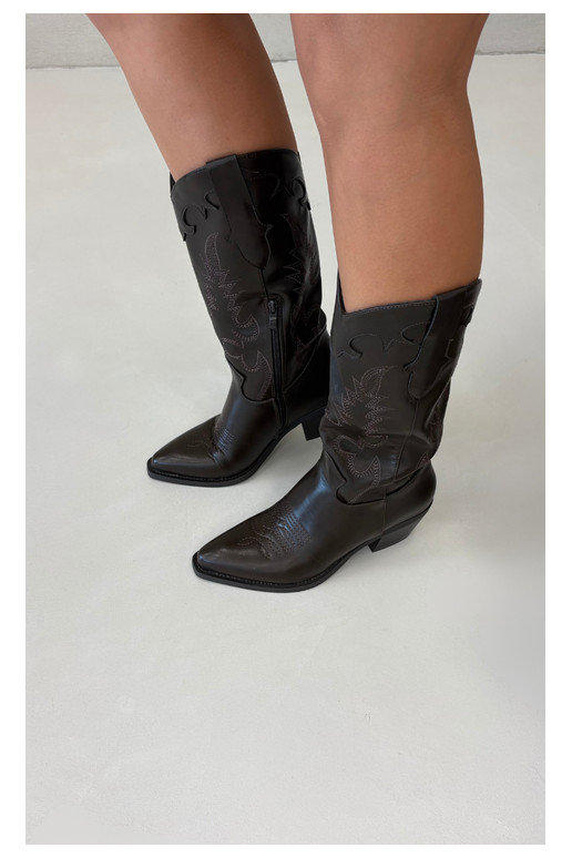 Bottes hautes de style cowboy avec talons en cuir synthétique chocolat Jarissa