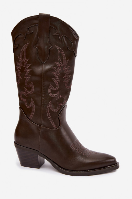 Bottes hautes de style cowboy avec talons en cuir synthétique chocolat Jarissa