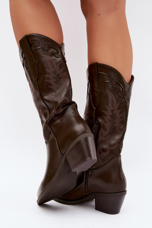 Bottes hautes de style cowboy avec talons en cuir synthétique chocolat Jarissa
