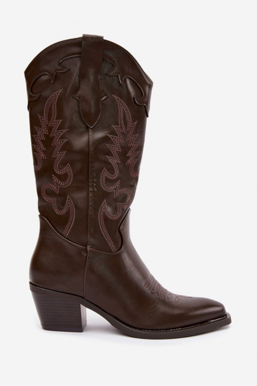 Bottes hautes de style cowboy avec talons en cuir synthétique chocolat Jarissa