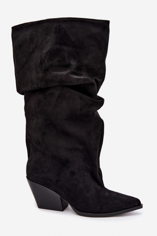 Bottes au-dessus du genou pour femmes avec partie supérieure incurvée et talons en daim couleur noire Durela