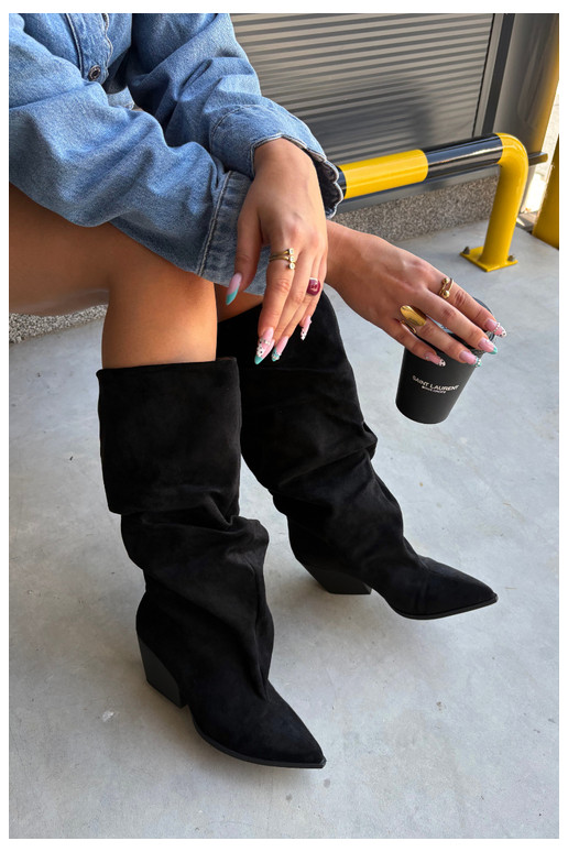 Bottes au-dessus du genou pour femmes avec partie supérieure incurvée et talons en daim couleur noire Durela