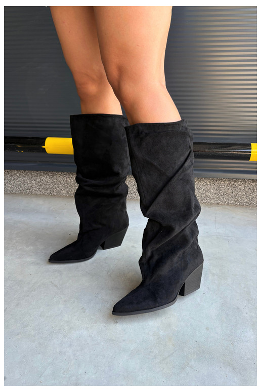 Bottes au-dessus du genou pour femmes avec partie supérieure incurvée et talons en daim couleur noire Durela