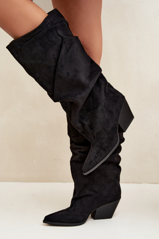 Bottes au-dessus du genou pour femmes avec partie supérieure incurvée et talons en daim couleur noire Durela