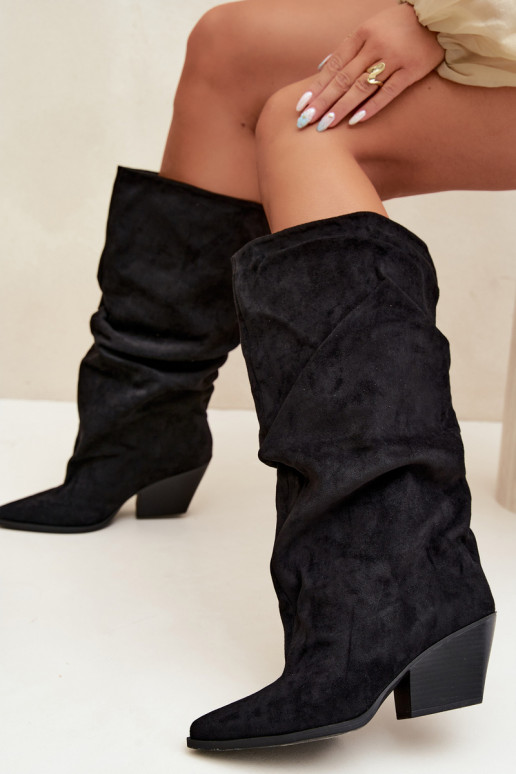 Bottes au-dessus du genou pour femmes avec partie supérieure incurvée et talons en daim couleur noire Durela