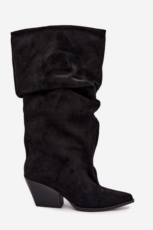 Bottes au-dessus du genou pour femmes avec partie supérieure incurvée et talons en daim couleur noire Durela