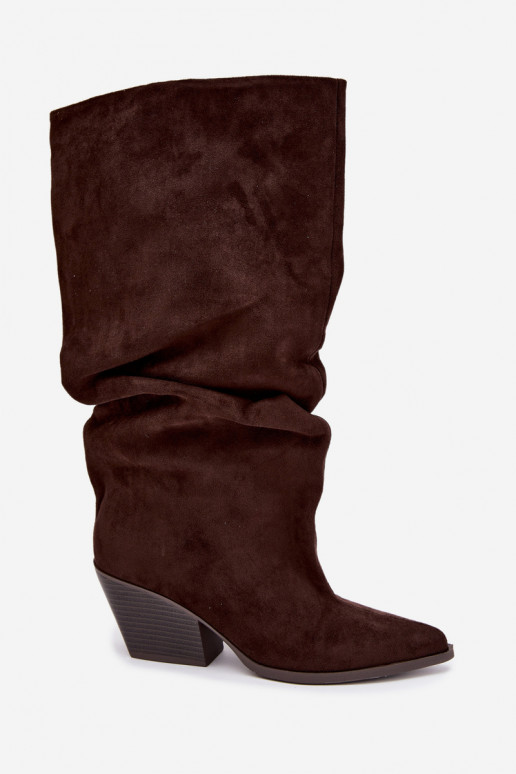 Damen Overknee-Stiefel mit gebogener Oberseite und Absätzen aus Wildleder in schokoladenfarbener Durela