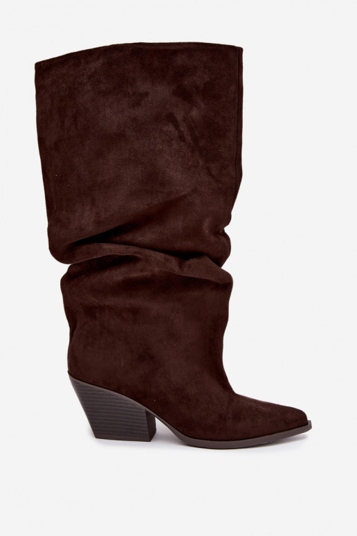 Bottes au-dessus du genou pour femmes avec partie supérieure incurvée et talons en daim couleur chocolat Durela