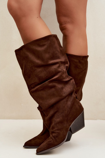 Bottes hautes pour femmes avec un dessus courbé et des talons en daim, marron Durela