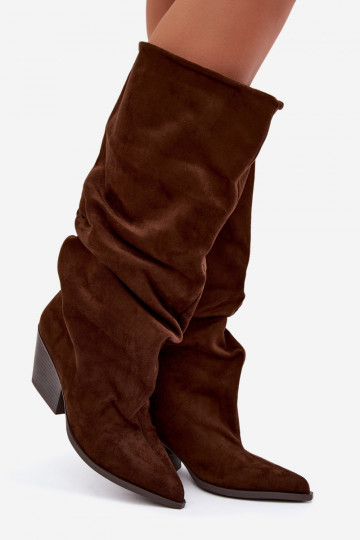 Damen kniehohe Stiefel mit gebogener Oberseite und Absätzen aus Wildleder, braun Durela 2