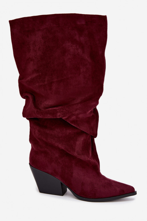 Damen Overknee-Stiefel mit gebogener Oberseite und Absätzen aus Wildleder in burgunderfarbener Durela