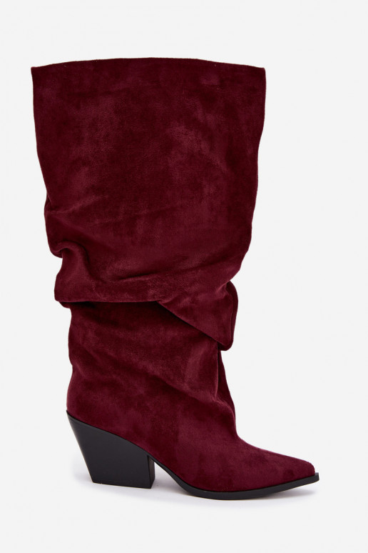 Bottes au-dessus du genou pour femmes avec partie supérieure incurvée et talons en daim couleur bordeaux Durela