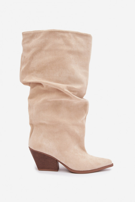 Bottes au-dessus du genou pour femmes avec partie supérieure incurvée et talons en daim couleur sable Durela