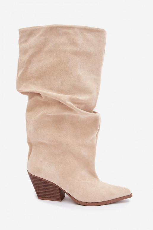 Bottes au-dessus du genou pour femmes avec partie supérieure incurvée et talons en daim couleur sable Durela