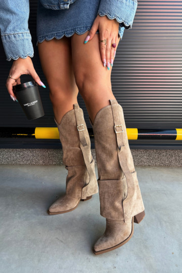Bottes au-dessus du genou pour femmes avec talons, volants et boucles couleur sable Caster 2