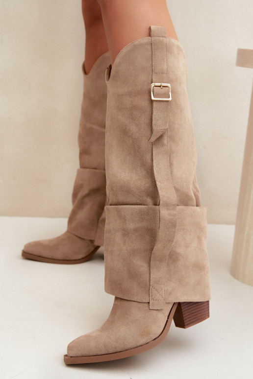 Bottes au-dessus du genou pour femmes avec talons, volants et boucles couleur sable Caster