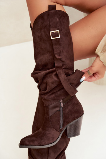 Bottes au-dessus du genou pour femmes avec talons, volants et boucles couleur chocolat Caster