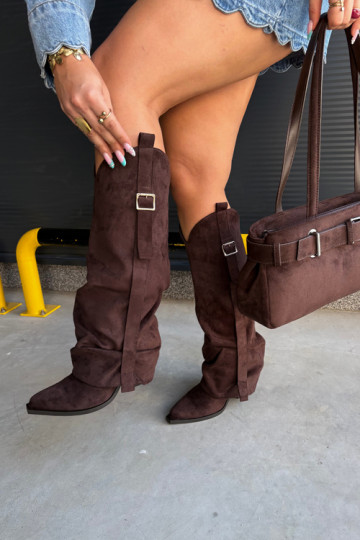 Bottes au-dessus du genou pour femmes avec talons, volants et boucles couleur chocolat Caster 2