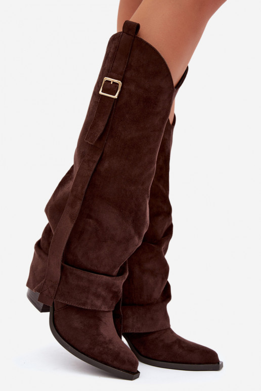 Dames laarzen tot boven de knie met hakken, rimpels en gespen in chocolade kleur Caster