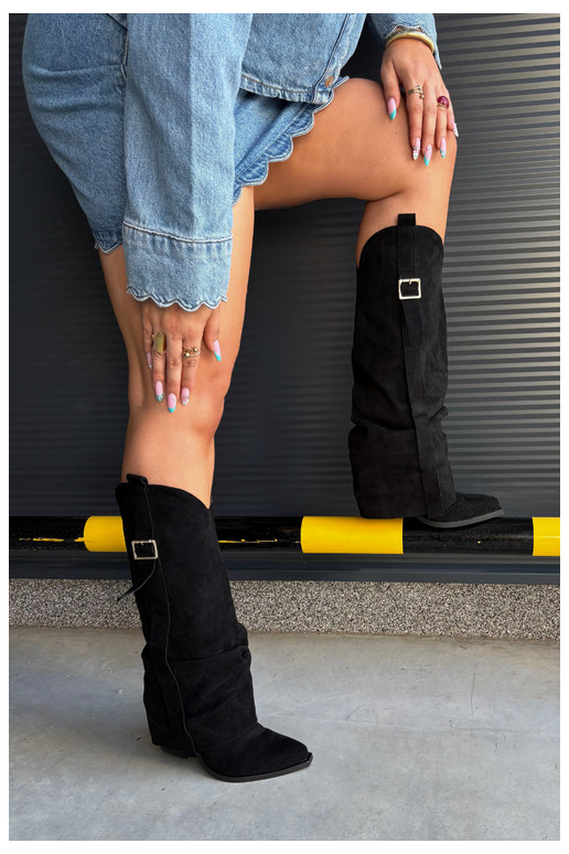 Bottes noires pour femmes jusqu'au genou avec talons et boucles Caster