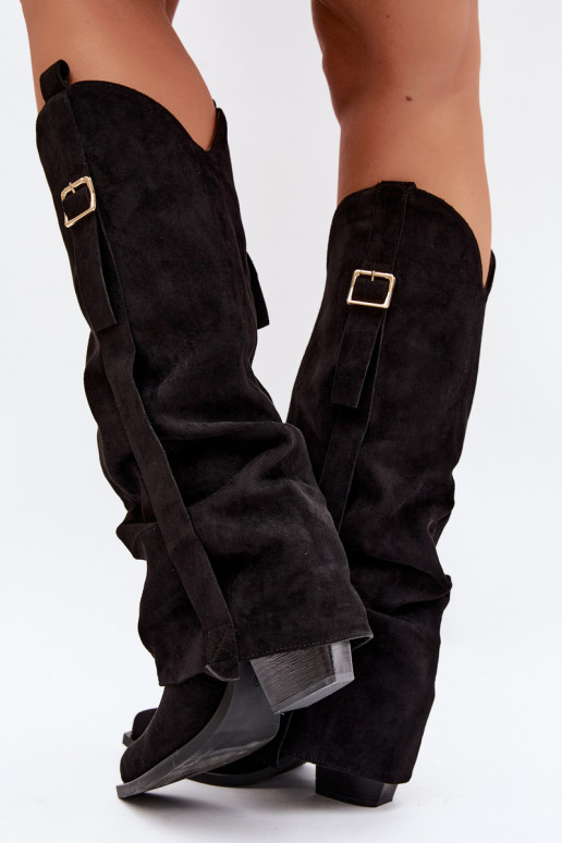 Bottes noires pour femmes jusqu'au genou avec talons et boucles Caster