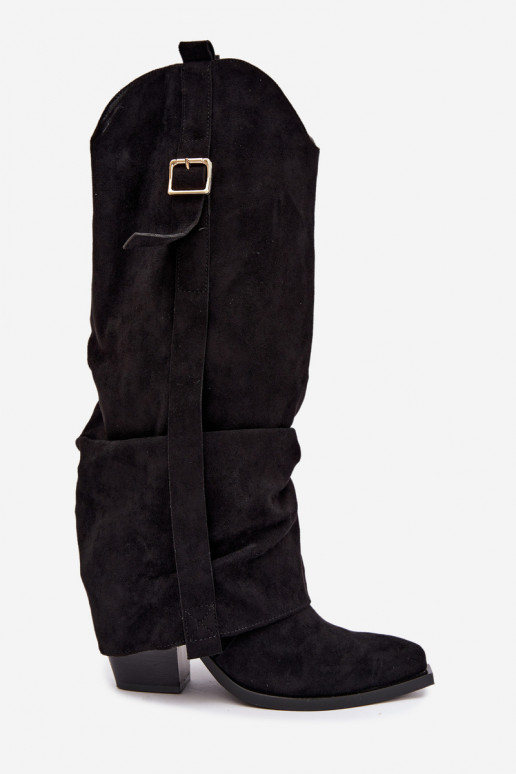Bottes noires pour femmes jusqu'au genou avec talons et boucles Caster