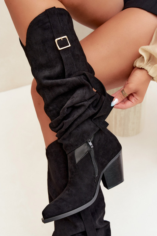 Bottes noires pour femmes jusqu'au genou avec talons et boucles Caster