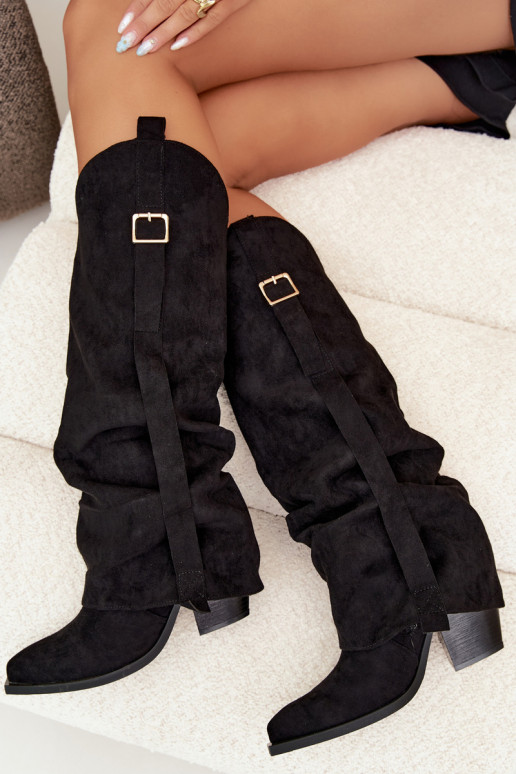 Schwarze Damenstiefel bis zum Knie mit Absätzen und Schnallen Caster