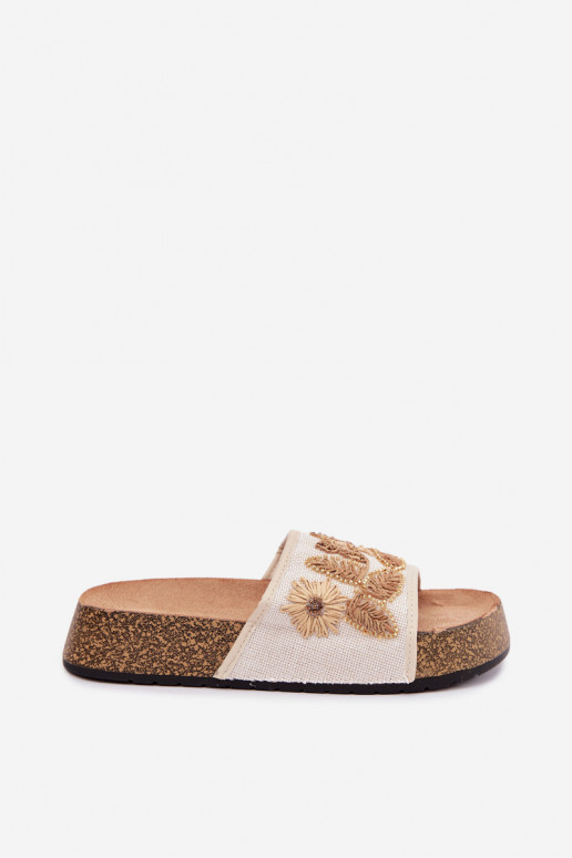 Ivoor kleurige dames slippers met platform en decoratie Ledina