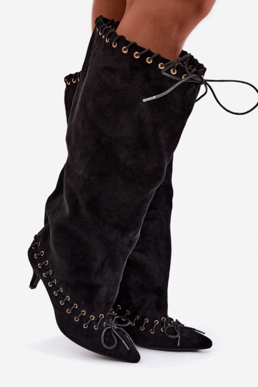 Bottes longues à talon moyen en daim synthétique avec lacets décoratifs couleur noire Juletta