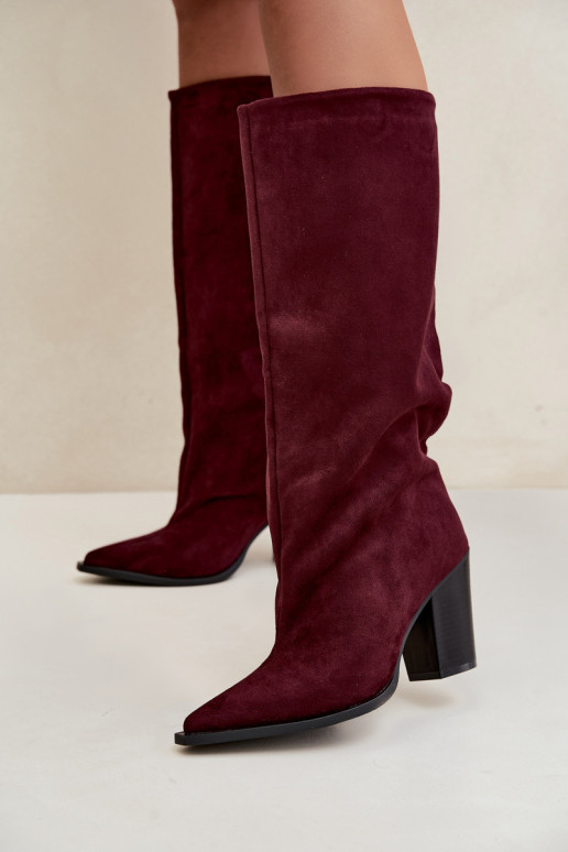 Bottes femme hautes à enfiler avec talons en daim synthétique couleur bordeaux Carmina