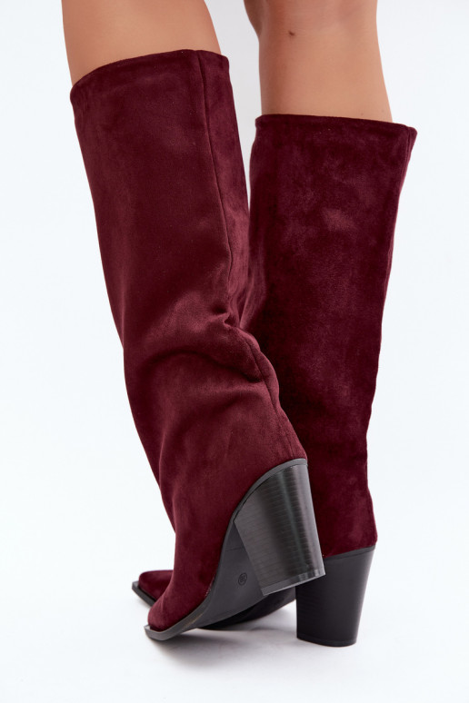 Dames kniehoge instaplaarzen met hakken in faux suede bordeauxkleur Carmina